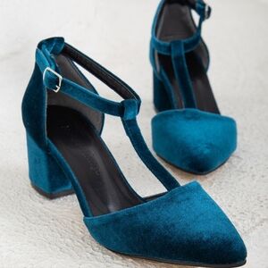 Forever & Always Elegant Teal Velvet T-Strap Women's Heels